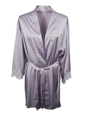 NWT iCollection Jill Satin Robe Lace Belt Kimono Sleepwear Lilac S Romantic